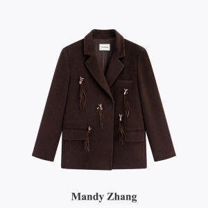 Fringe Feather Beaded Wool Blend Brown Womens Suit Jacket