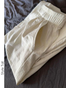 กางเกงขายาวเอวสูงผ้าไหมน้ำแข็งสีขาวสำหรับผู้หญิง ทรงหลวม ทรงยาวถึงพื้น กางเกงขายาวผู้หญิงฤดูร้อน