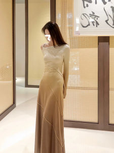 Drawdream Fancy Fashion Gradient Color Long Sleeves Dress Womens Fall and Winter Socialite Elegant Silm Long Skirt