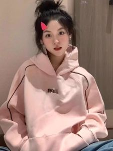 American Style Pink Hoodie Jacket Womens Loose Design Autumn Winter New Fashion Small Size Sweatshirt Outerwear
