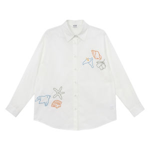 NIHAOKANONG | Áo Sơ Mi Dài Tay Phối Màu Đơn Giản Có Thêu cho Phụ Nữ Mùa Xuân Thu Áo Blouse Rộng