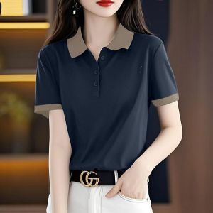QIAOXIZI | Flap Collar Solid Short Sleeve T-shirt Slimming Plus Size Womens Summer Fashion Mothers T-shirt