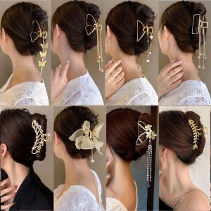 Butterfly Elegant Metal Large Hair Clip Geometric Tassel Pearl Hair Claw Hair Clamps Exquisite Pendant Hairpin