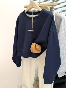 Womens round Neck Long Sleeve Sweatshirt Thin Letter Print Loose Fit Short Style Korean Version Early Autumn Outerwear Top