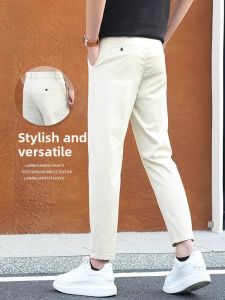 ROMON | Lormen Ice Silk Mens Casual Pants Light Beige Straight Leg Thin Summer Business Fashion Trousers Breathable Comfortable