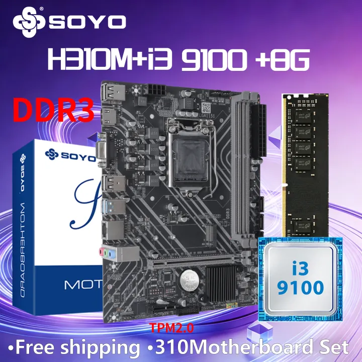 SoYo | SOYO H310M DDR3 Motherboard i3 9100 CPU 8G RAM Intel LGA1151 TPM2.0 Computer Combo Kit Xeon PC GAME PCIE3.0*16 Mainboard