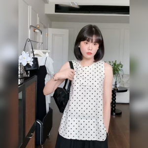 YUFUQING | Fashionable White Polka Dot Round Neck Sleeveless Vest Womens Summer New Loose Personality Top Thin Commute Style Polyester Fiber