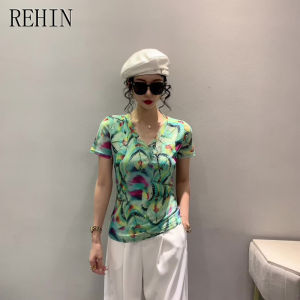 S-3XL เสื้อพิมพ์ลายตาข่ายแขนสั้นผู้หญิง เสื้อเสื้อยอดนิยม REHIN รัดรูปเสื้อยืดคอวีแฟชั่นใหม่ฤดูร้อน