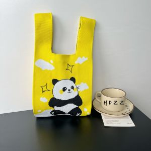 Cute Knitted Handbag Panda Grandpa Wristlet Bag Breathable Portable Storage Tote Soft Polyester Material Commuter Style Foldable