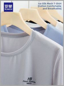 ROMON | Lormen Mens Ice Silk Short Sleeve T-Shirt Summer Thin Round Neck Printed Casual Sports Mesh Quick Dry Youth Fashion T-Shirt