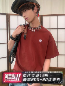 Boxy Loose Fit Short Sleeve T-Shirt for Men Heavyweight 305g Summer Casual Cotton round Neck Print Artistic Style Four Colors