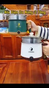 Nồi Lẩu Điện Mini Nấu Mì 2 Tầng Kèm Giá Hấp Đa Năng Nướng Luộc Chiên Chống Dính Vấn Đá Tiện Lợi Ca nấu mì mẫu mới