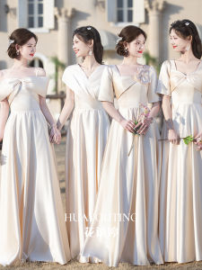 Champagne Satin Maids Dress 2025 New Summer Style Womens Long Gown Sweet Style Five Sleeve Floor Length for Wedding Party