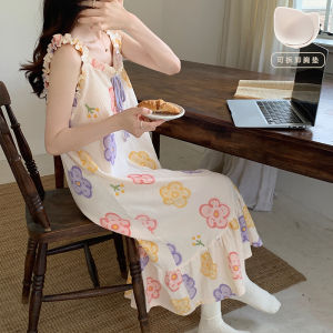 ชุดนอนผ้าฝ้ายบางสไตล์เกาหลีพร้อมแผ่นเสริมหน้าอกสำหรับผู้หญิงในฤดูร้อน ชุดนอนแขนกุดแบบลำลอง ชุดนอนสองชิ้น สไตล์หวานๆ