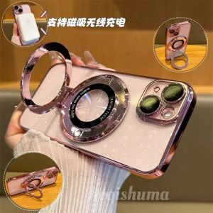 Luxury Magsafe Wireless Charging Case For iPhone 11 12 13 14 15 Pro Max Plus Glitter Magnetic Ring Bracket Transparent Cover