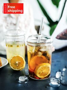 Heat Resistant Glass Straw Cup with Lid Star Beverage Cup Home Breakfast Milk Tea Juice Cup Nordic Style round Shape Clear Color