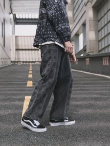 Thời Trang Chân Thẳng Giặt Cổ Điển Quần Jean Nam Phong Cách Hàn Quốc Retro Phong Cách Hip Hop Bố Quần Thoải Mái In Hình Trẻ Trung Rộng Rãi Fit Long Quần Tây