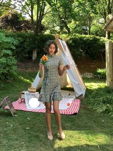 Fishtail Plaid Purple Green Mini Qipao Dress 3043-80 文藝魚尾格子紫綠色清新短旗袍裙