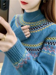 Thickened Fleece Half High Collar Autumn Winter Knitted Sweater Women Loose Base Layer Outerwear Ethnic Style Long Sleeve Top