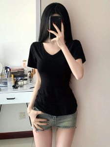 Slimming Effect Short Sleeve V-Neck T-Shirt Womens Summer Fashion Tight Fit Waist Cinching American Style Hot Girl Top
