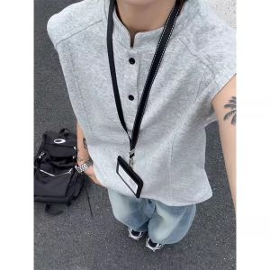 Cleanfit American Retro Short Sleeve T-Shirt Mens Summer Thin High-End Feeling Half Sleeve Henry Collar Loose Fit Youth Trend