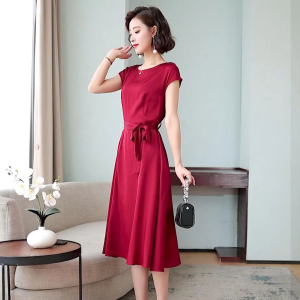 Yitiaoyu Womens Dress New Round Neck Solid Color Temperament Dress