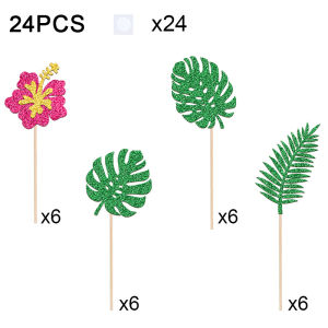 YOMDID 24Pcs Hawaiian Cupcake Toppers Glitter Summer Hibiscus Monstera Cake Picks for Luau Party Dessert Table Decorations