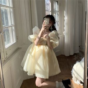 French Court Style Vintage Fairy Dress Womens Elegant Sweet Birthday Party Mini Dress Organza Puffy Skirt Short Sleeve High Waist