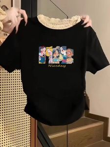 Elegant Lace Trim Short Sleeve T-Shirt Womens Summer Fashion Design Sweet And Spicy Mini Top Commute Style Slim Fit round Neck