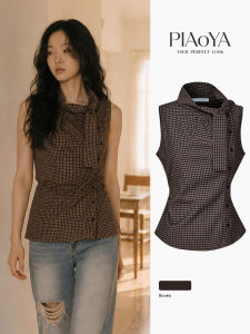 PIAOYA | Vintage Gingham Sleeveless Blouse For Slimming Commuter