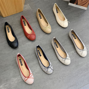 รองเท้าบัลเลต์พื้นแบนสำหรับคุณย่า รองเท้าส้นแบนหัวมนแบบผูกโบว์ รองเท้าแฟชั่นสำหรับผู้หญิง รองเท้าหนัง PU วัสดุด้านใน