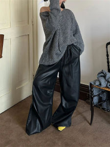 กางเกงลำลองผ้า PU สีดำทรงหลวมเอวยางยืดสไตล์สตรีทสำหรับฤดูร้อนปี 2025 กางเกงขายาวทรงหลวมสบายๆ