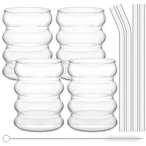 4pcs/Set Glass Cups Coffee Mug Creative Clear Drinking Glasses Ribbed Glassware Cups With Straws Set Cocktail Fruit Glass