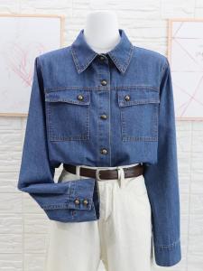 Blue Denim Shirt Womens Autumn Style Casual Loose Fit Long Sleeve Polo Collar Rivet Button up Top Fashion Commute Wind