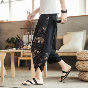 Mens Summer Thin Cotton Linen Wide Leg Pants Loose Large Size Patchwork Linen Shorts Beach Pants Trendy Seven-Foot Pants