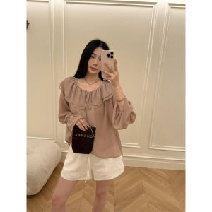 Zhou Miao Gold Mountain Tea Loose Fit Long Sleeve Chiffon Top with Embossed Edges Two Piece Set Elegant Commute Style
