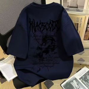 เสื้อยืดผู้ชายสไตล์เรโทรกอธิคแบบอเมริกันแท้ 100 ลายพิมพ์สายฟ้า หลวม แขนสั้น เสื้อท่อนบน สำหรับวัยรุ่น