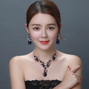 Water Drop Purple Crystal Jewelry Set For Women Purple Diamond Necklace Earrings Set Wedding Bridal Party Jewelry Set