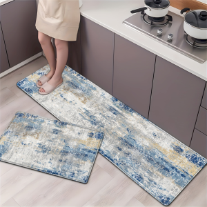 VIKAMA Abstract Watercolor Blue Grey Kitchen Running Carpet Non Slip Floor Mat Entrance Gradient Floor Mat Home Decoration