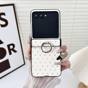 Ốp Điện Thoại Bằng Da Hình Thoi Lấp Lánh Sang Trọng Dành Cho Dòng Motorola Razr - Vỏ Bảo Vệ Bản Lề Có Giá Đỡ Vòng Tròn