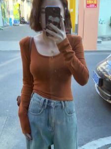 Áo Thun Nữ Tay Dài Cổ Vuông Dáng Ôm Ngắn Mùa Xuân Mới Về Chất Liệu Cotton Pha Trộn Thường Ngày Thời Trang Đường Phố