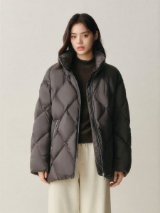 PEACEBIRD | Brown Stand Collar Short Warm Womens Down Jacket