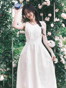White Summer Dress 2025 New Style French Elegant Waist-Cinching Vest Long Dress for Beach Vacation Cotton Soft A-Line Skirt