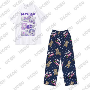 2Pcs Outfits Children Tracksuit KPop Demon Hunters Huntrix Print T Shirt+Pajamas Pants Set Casual Couple Suit Kids/Adult Clothes