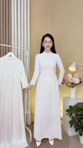 Áo Dài Lụa Mỹ Trắng Tinh Tay Dài 2 Tà (1 tà trước và 1 tà sau) Hàng May Thủ Công Tỉ Mỉ - Màu Trắng Tinh Tay Dài