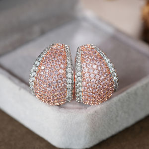 Huitan Two Tone Women Stud Earrings Inlaid Bright Pink CZ Fashion Accessories for Party Wedding Versatile Daily Fancy Jewelry