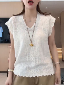 Shalldoer | Korean Style Butterfly Lace Splice Knitted Top Womens Fashion Unique Summer Special Edition Loose Fit V-neck Short Sleeve