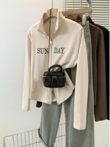 plus Size Zipper Stand Collar Long Sleeve Sweatshirt Womens Autumn Design Slimming Meat Covering Cardigan Casual Cotton Blend