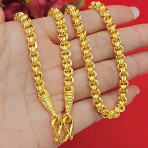 สร้อยคอทองพ่นทรายตัดลาย เทียบเท่า 3 บาท ความยาว 24 นิ้ว ลายล้อแม็ก ชุบทอง ดีไซน์ทันสมัย ดูดี ผ่าหวายกลม ใส่แทนของจริงได้