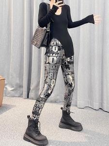 Women's High Waist Elastic Waist Printed Electric Plated Metal Color Graffiti Long Pants - Milk Silk Thickened Autumn Winter Pants